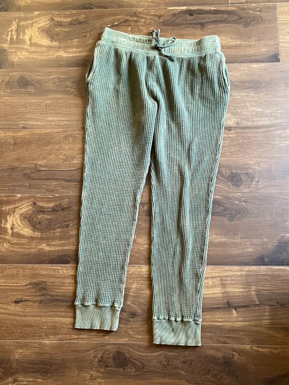 People of Leisure Green waffle knit sweatpants organic cotton boho granola gorp